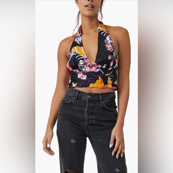 Free People Seraphina Floral Halter Top in Black Combo Multicolor Cropped Wrap - Picture 13 of 15